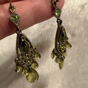 Vintage Green Dangle Earrings Chandelier Boho Victorian Style Glass Drop